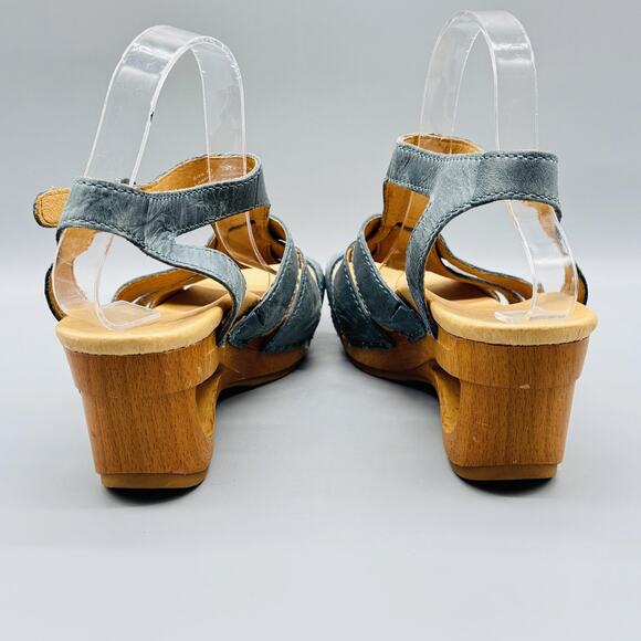 Dansko Shoes Womens 9.5 Blue Leather Sandals Trudy Wooden Wedge Ankle Strappy - Picture 6 of 11